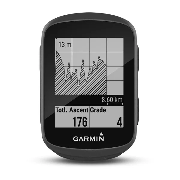 Ciclocomputador com GPS Garmin Edge 130 Plus, na tela de gráfico de altimetria. Imagem retirada do site da Garmin.